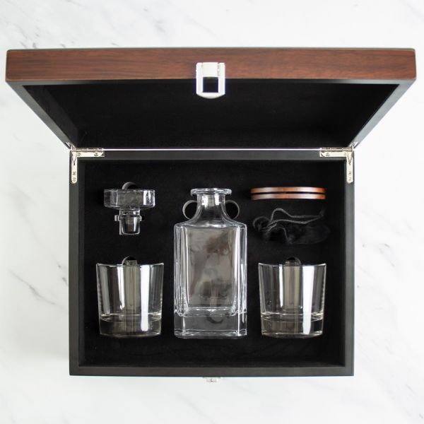 Customized Engraved Dark Brown Wood Box Decanter Set With Rocks Glasses - NCAA Wright State Raiders