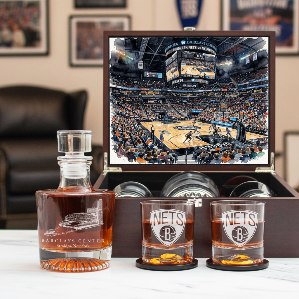 Brooklyn Nets Decanter Set - Artistic Basketball Arena Rendering with Luxury Wood Box