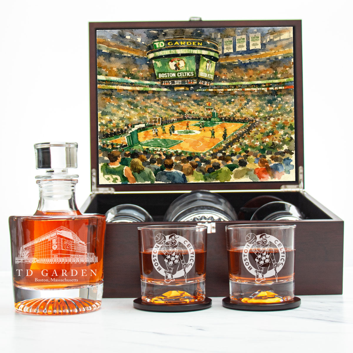 Boston Celtics Decanter Set - Artistic Basketball Arena Rendering with Luxury Wood Box