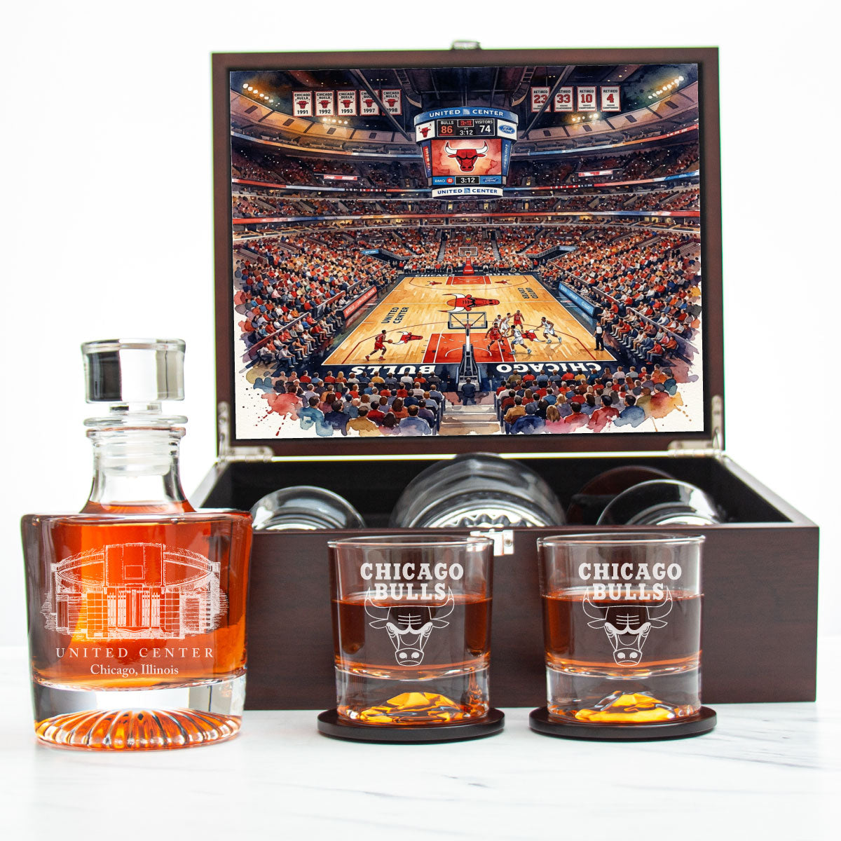 Chicago Bulls Decanter Set - Artistic Basketball Arena Rendering with Luxury Wood Box