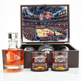 Cleveland Cavaliers Decanter Set - Artistic Basketball Arena Rendering with Luxury Wood Box