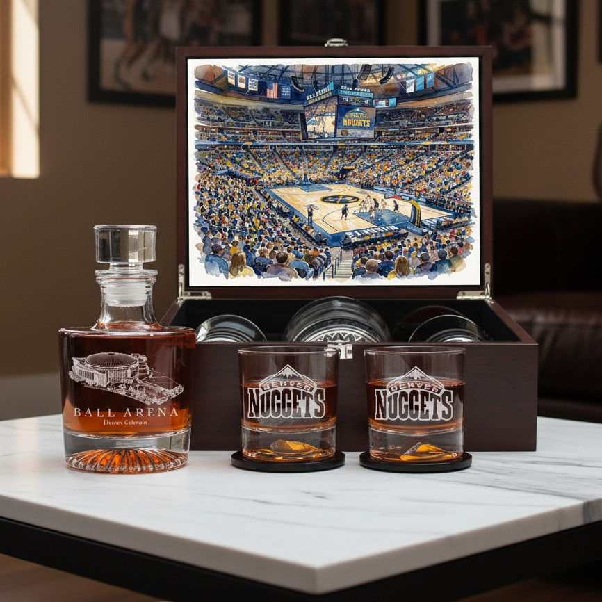 Denver Nuggets Decanter Set - Artistic Basketball Arena Rendering with Luxury Wood Box