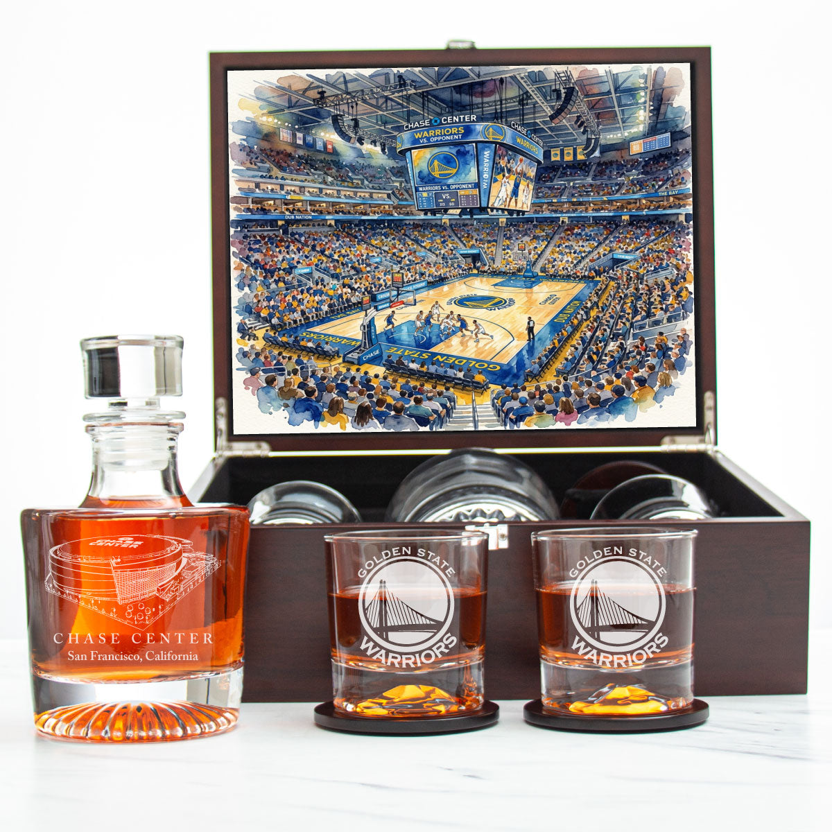 Golden State Warriors Decanter Set - Artistic Basketball Arena Rendering with Luxury Wood Box