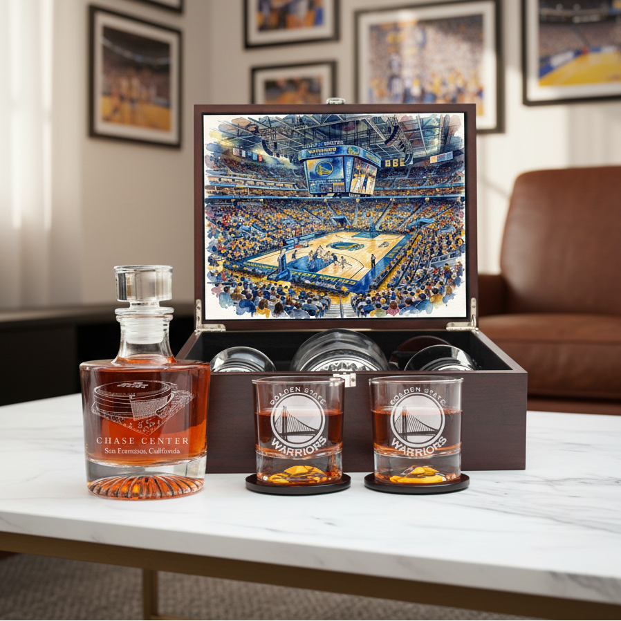 Golden State Warriors Decanter Set - Artistic Basketball Arena Rendering with Luxury Wood Box
