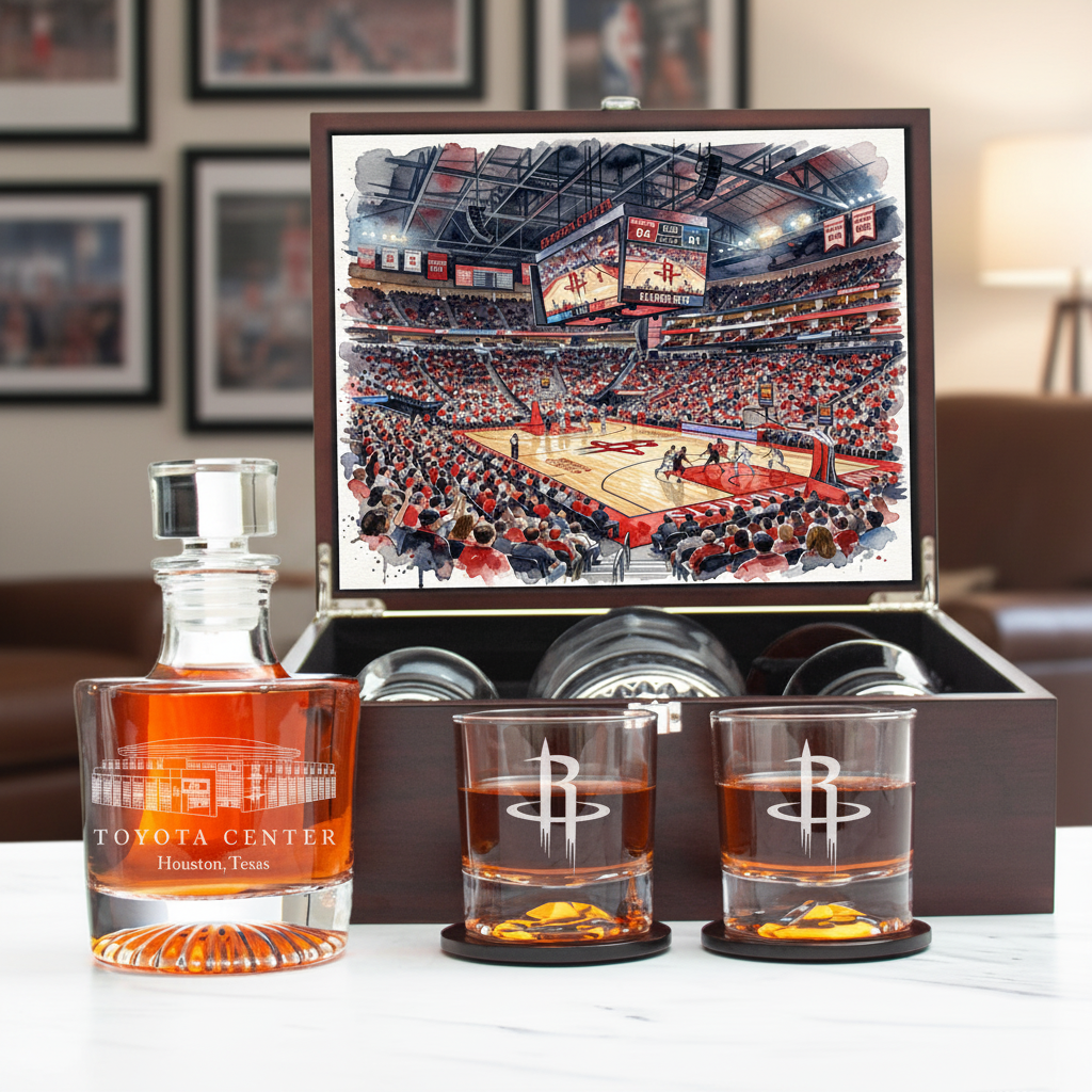 Houston Rockets Decanter Set - Artistic Basketball Arena Rendering with Luxury Wood Box
