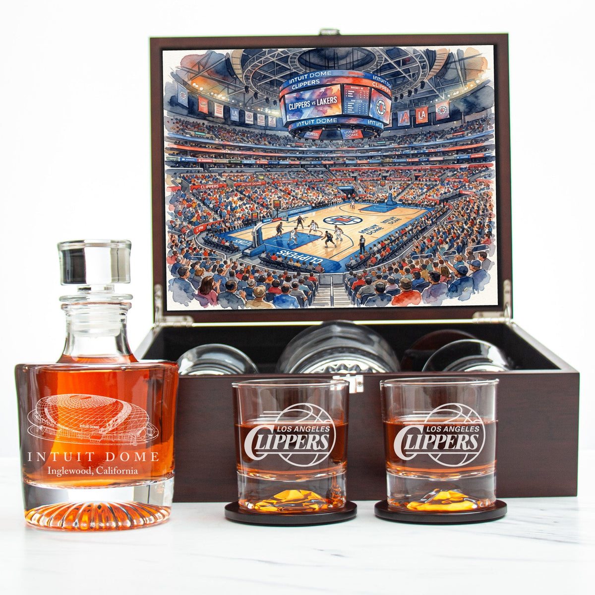 Los Angeles Clippers Decanter Set - Artistic Basketball Arena Rendering with Luxury Wood Box