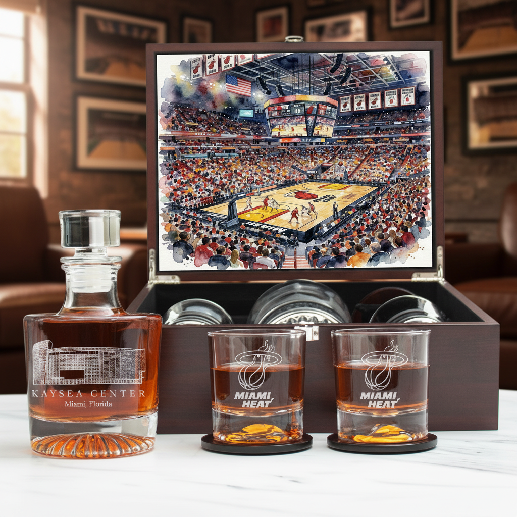 Miami Heat Decanter Set - Artistic Basketball Arena Rendering with Luxury Wood Box