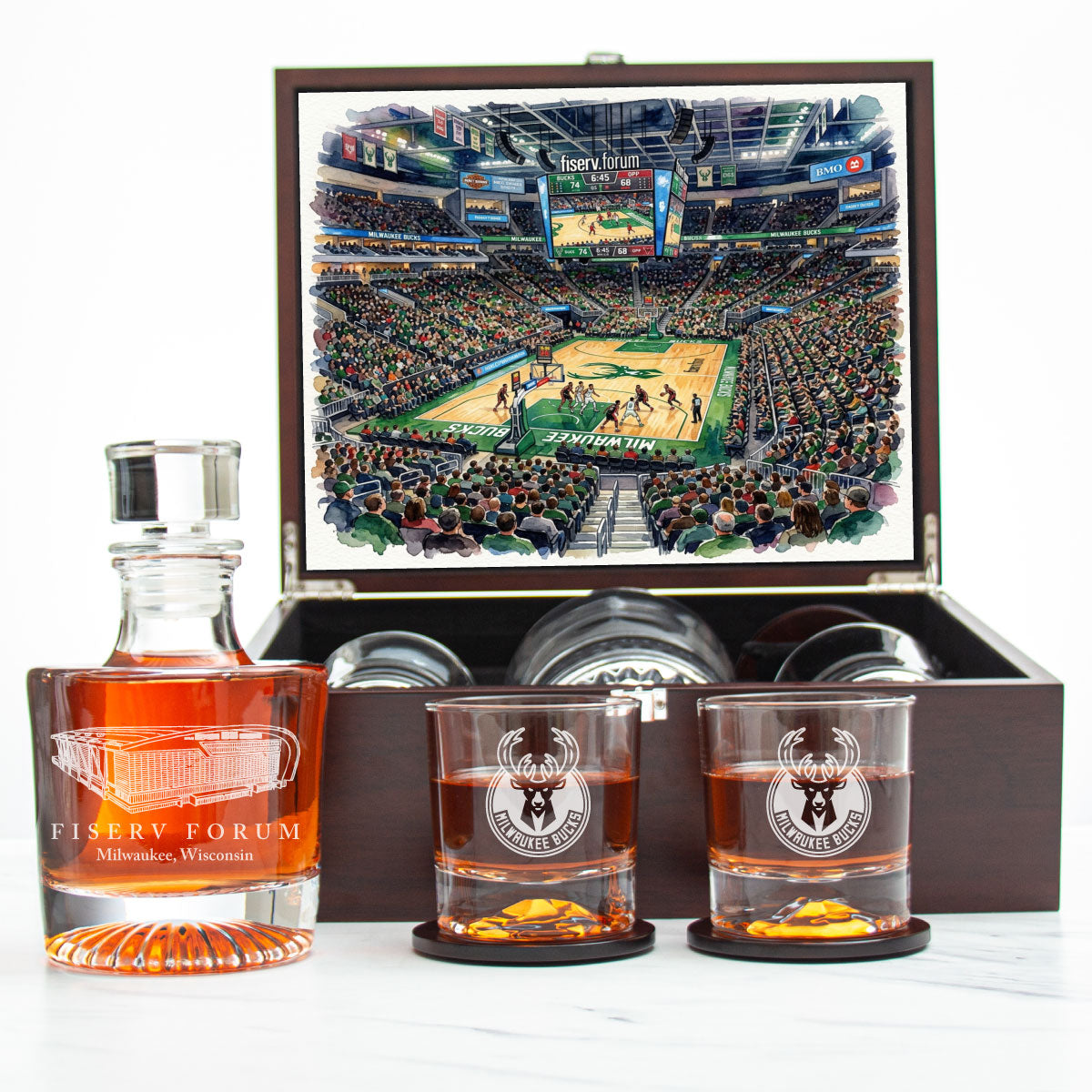 Milwaukee Bucks Decanter Set - Artistic Basketball Arena Rendering with Luxury Wood Box