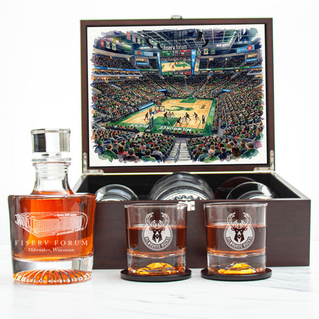 Milwaukee Bucks Decanter Set - Artistic Basketball Arena Rendering with Luxury Wood Box