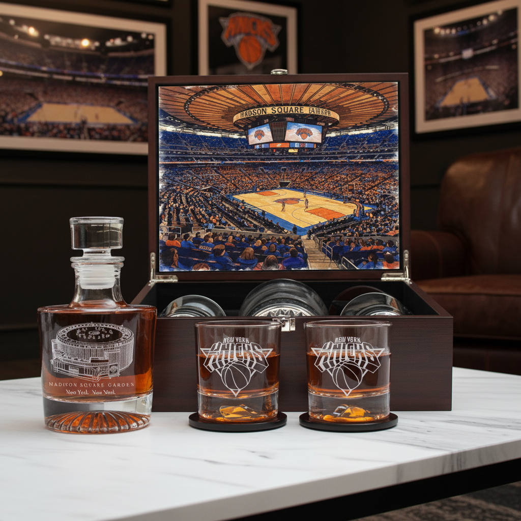 New York Knicks Decanter Set - Artistic Basketball Arena Rendering with Luxury Wood Box