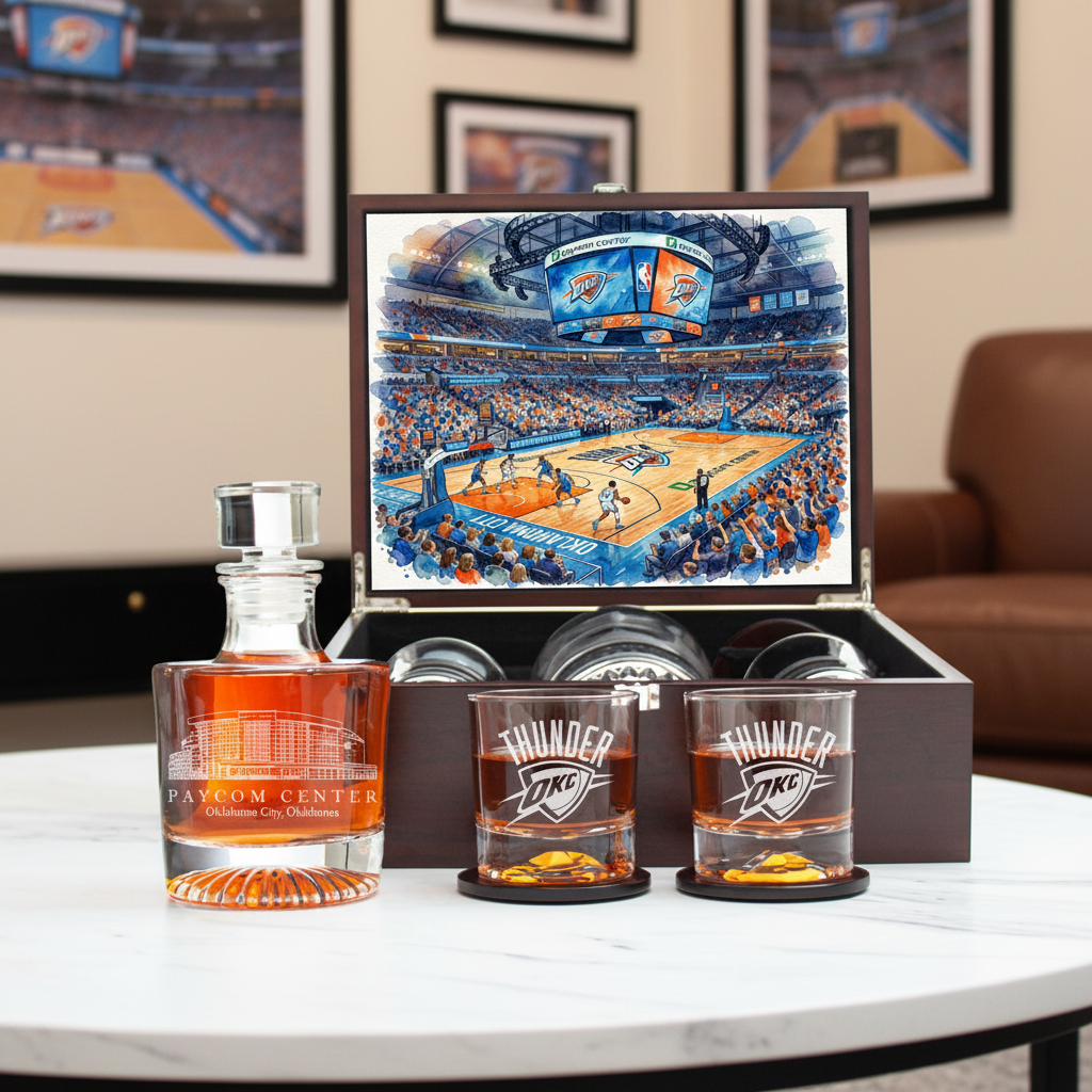 Oklahoma City Thunder Decanter Set - Artistic Basketball Arena Rendering with Luxury Wood Box