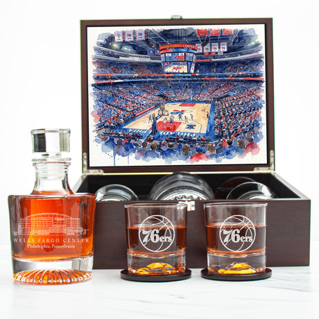 Philadelphia 76ers Decanter Set - Artistic Basketball Arena Rendering with Luxury Wood Box