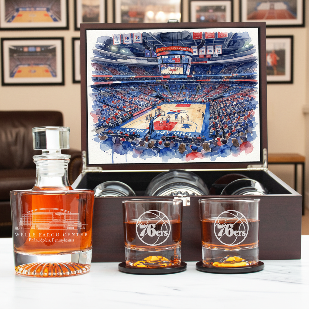 Philadelphia 76ers Decanter Set - Artistic Basketball Arena Rendering with Luxury Wood Box