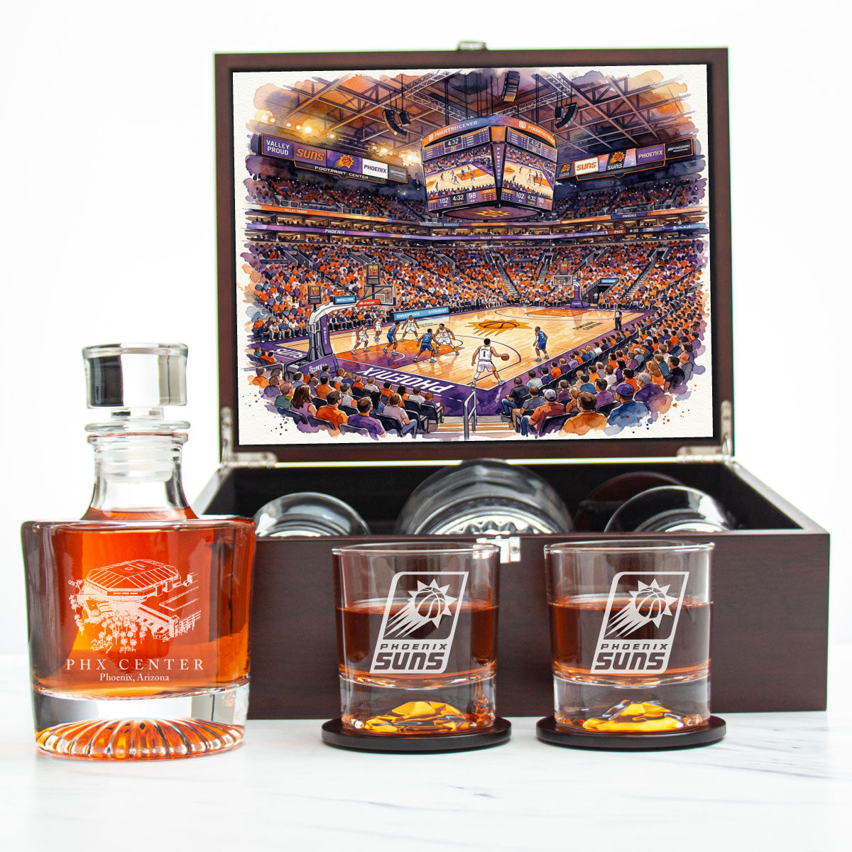 Phoenix Suns Decanter Set - Artistic Basketball Arena Rendering with Luxury Wood Box
