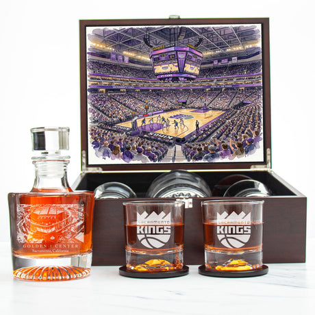 Sacramento Kings Decanter Set - Artistic Basketball Arena Rendering with Luxury Wood Box