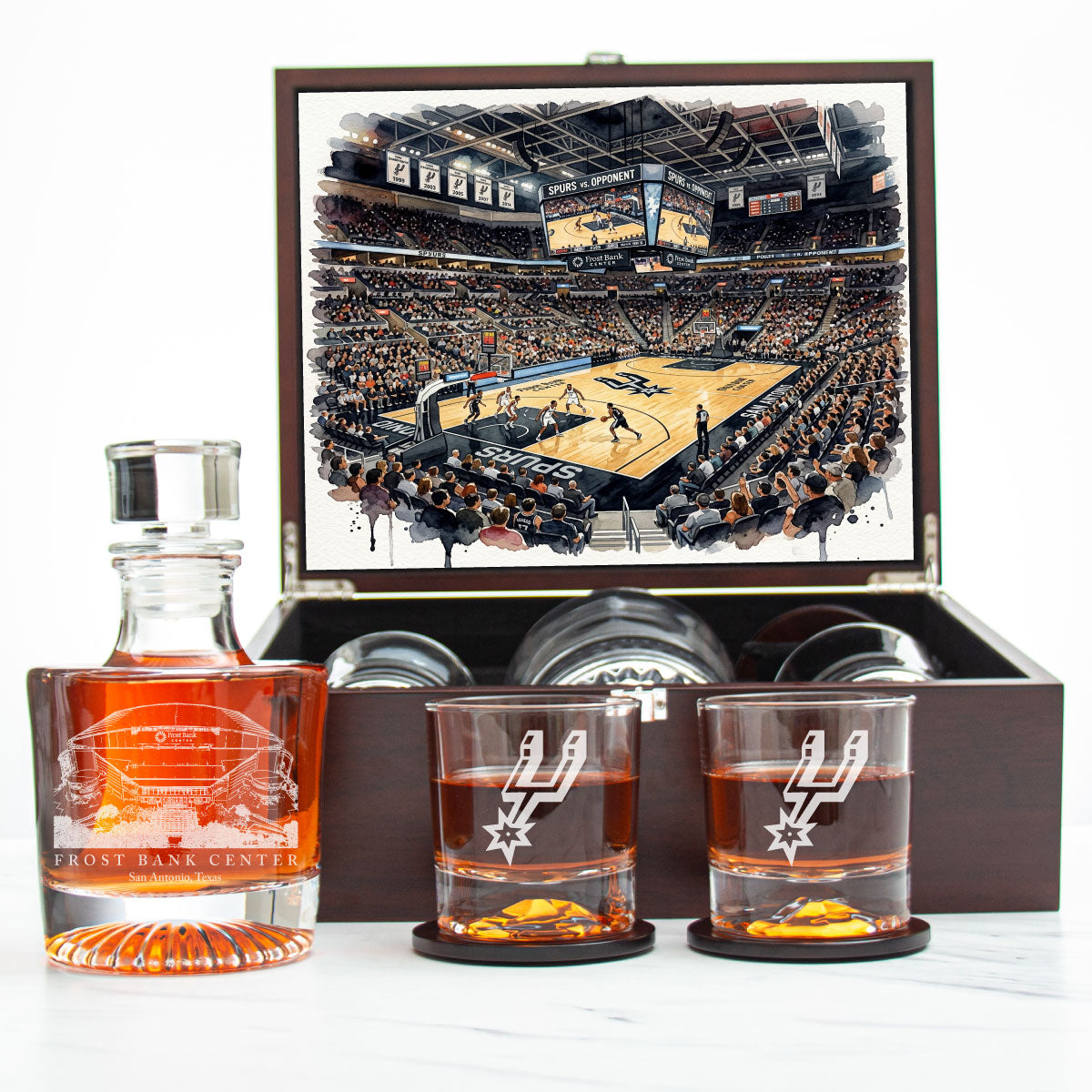 San Antonio Spurs Decanter Set - Artistic Basketball Arena Rendering with Luxury Wood Box