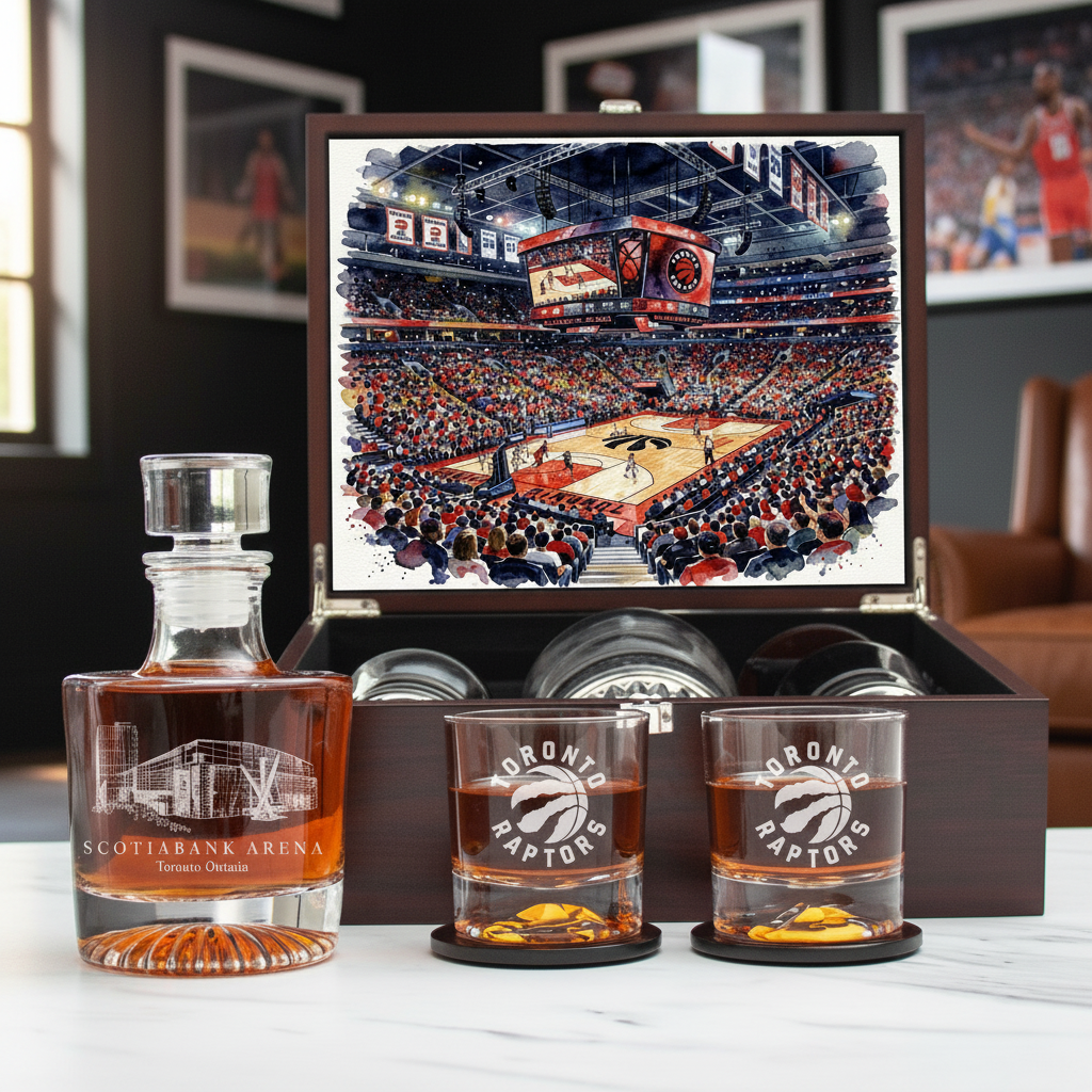 Toronto Raptors Decanter Set - Artistic Basketball Arena Rendering with Luxury Wood Box