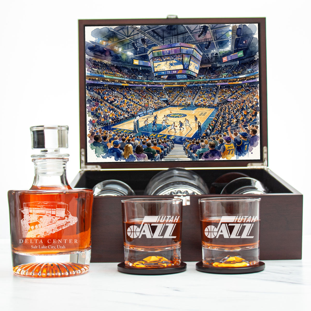 Utah Jazz Decanter Set - Artistic Basketball Arena Rendering with Luxury Wood Box