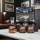 Utah Jazz Decanter Set - Artistic Basketball Arena Rendering with Luxury Wood Box