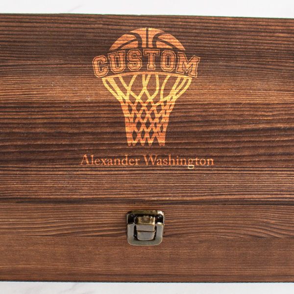 Custom Engraved Basketball Net - Basketball Fanatic Gift Ideas - Personalized Whiskey Glasses In Wood Gift Box