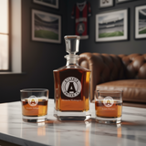 A clear glass whiskey decanter and two matching rocks glasses with custom 'Atlanta United FC' logos, filled with amber liquor, arranged on a marble table in a dimly lit living room with a brown leather sofa in the background.
