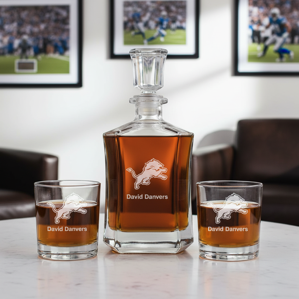 Detroit Lions Decanter Gift Set - Football Fanatic Gift Ideas - Crown Classic Personalized Whiskey Decanter Set