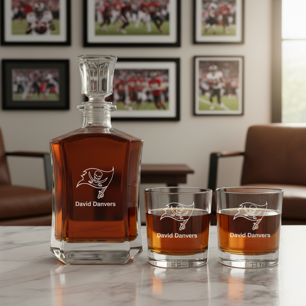 Tampa Bay Buccaneers Decanter Gift Set - Football Fanatic Gift Ideas - Crown Classic Personalized Whiskey Decanter Set