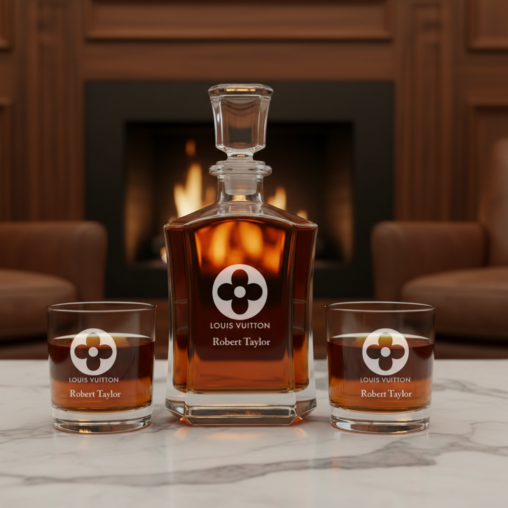 Personalized LV Louis Vuitton Flower - Custom Decanter Set - Personalized Crown Decanter Set with Whiskey Glasses