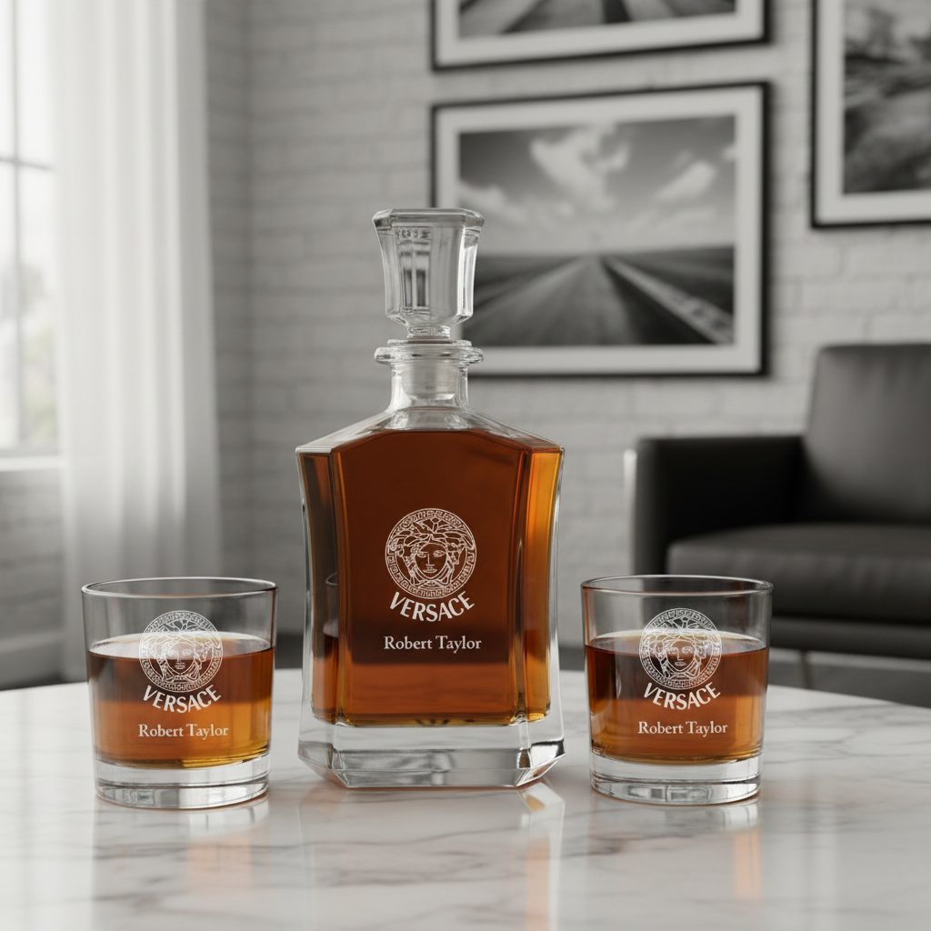 Personalized Versace - Custom Decanter Set - Personalized Crown Decanter Set with Whiskey Glasses