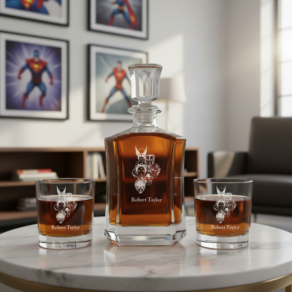 Personalized X-Men - Custom Decanter Set - Personalized Crown Decanter Set with Whiskey Glasses