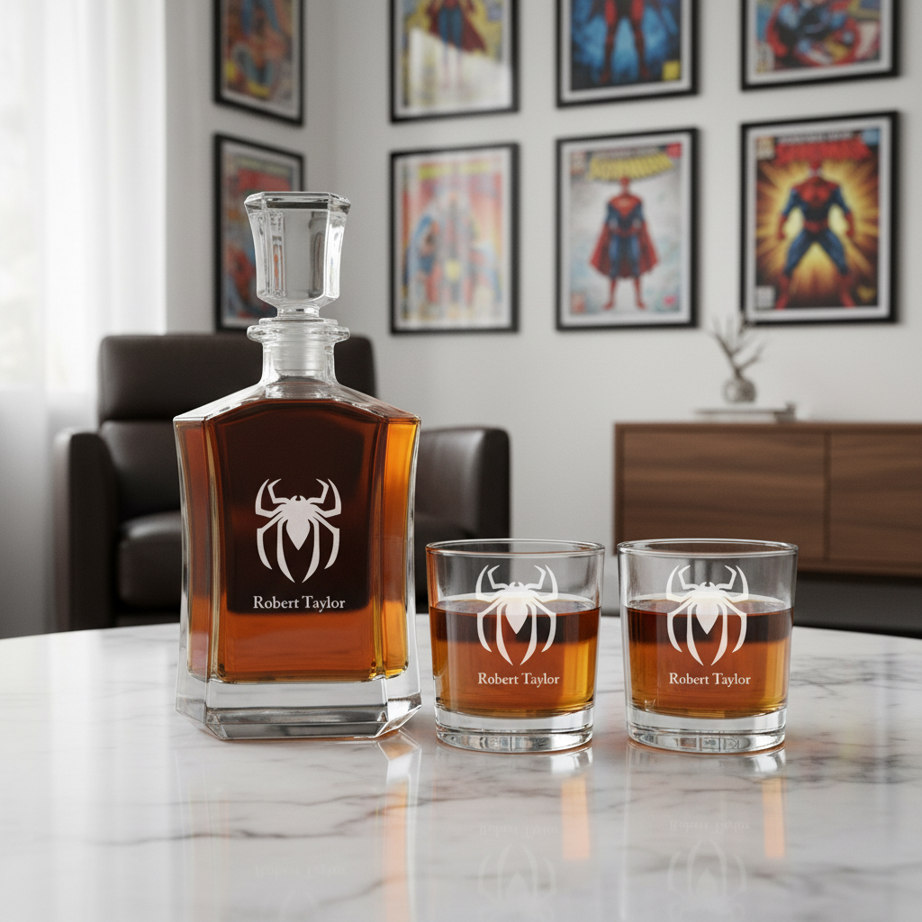 Personalized Spiderman - Custom Decanter Set - Personalized Crown Decanter Set with Whiskey Glasses