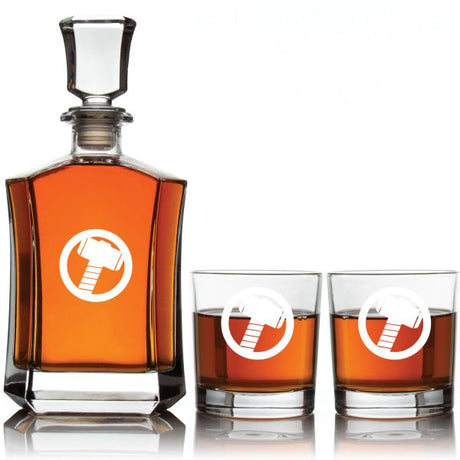 Thor's Mjolnir Hammer Custom Crown Decanter Set - Gifts For Him - Personalized Liquor Decanter Set