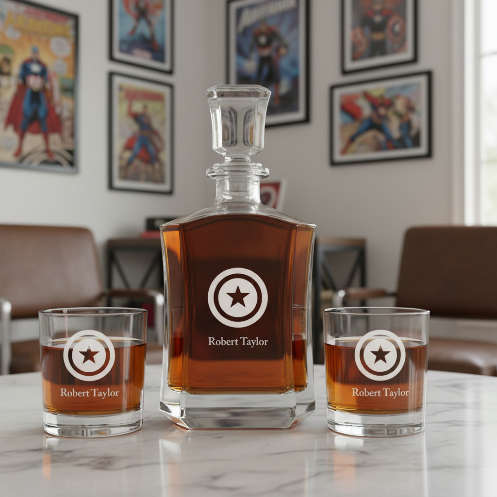 Captain Americas Shield Custom Crown Decanter Set - Gifts For Him - Personalized Liquor Decanter Set