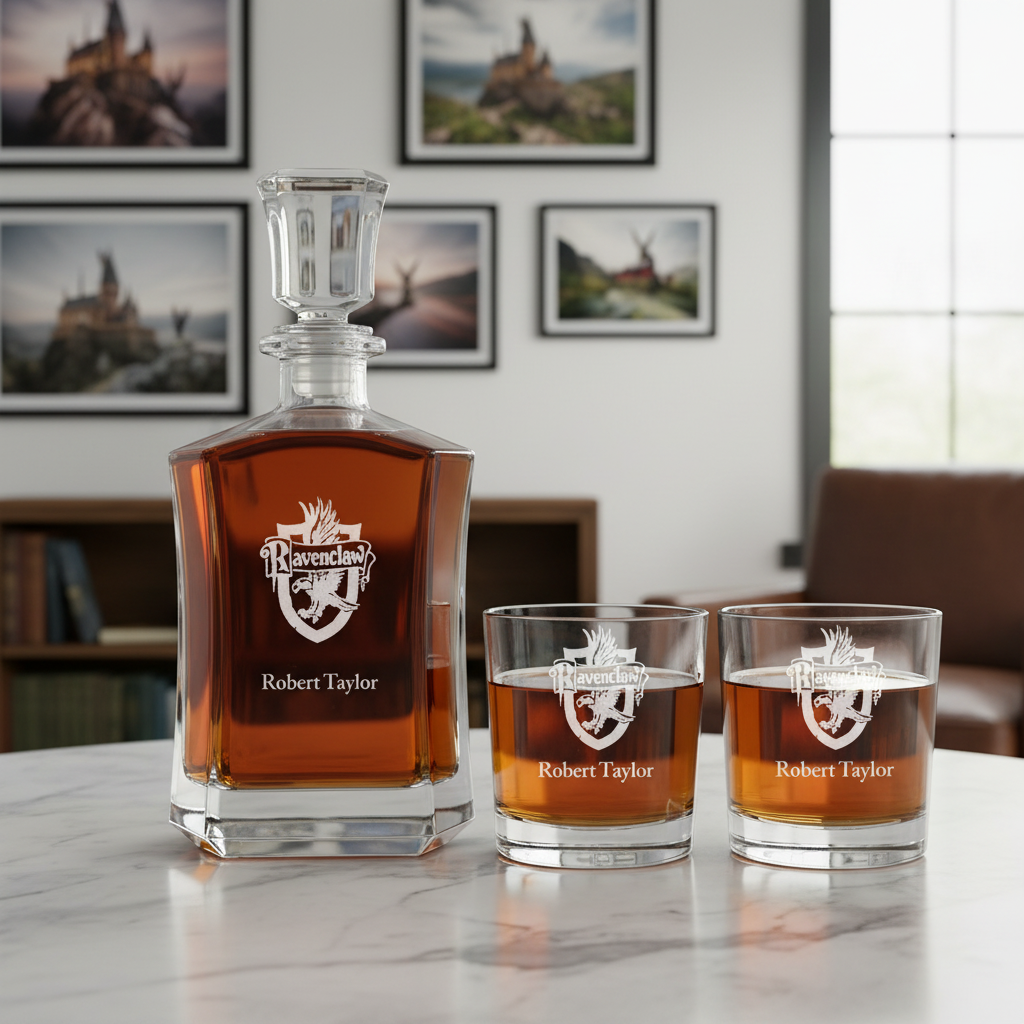 Ravenclaw - Custom Decanter Set - Personalized Crown Decanter Set with Whiskey Glasses