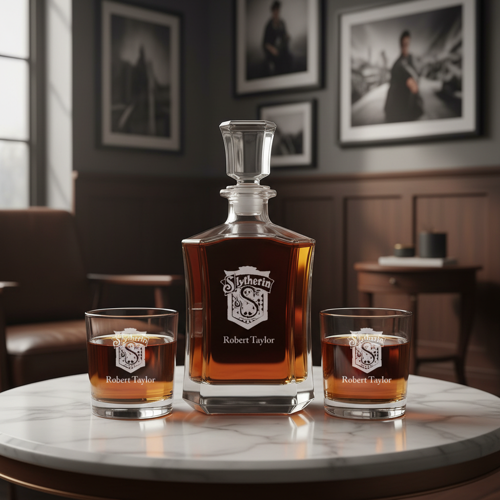 Slytherin - Custom Decanter Set - Personalized Crown Decanter Set with Whiskey Glasses