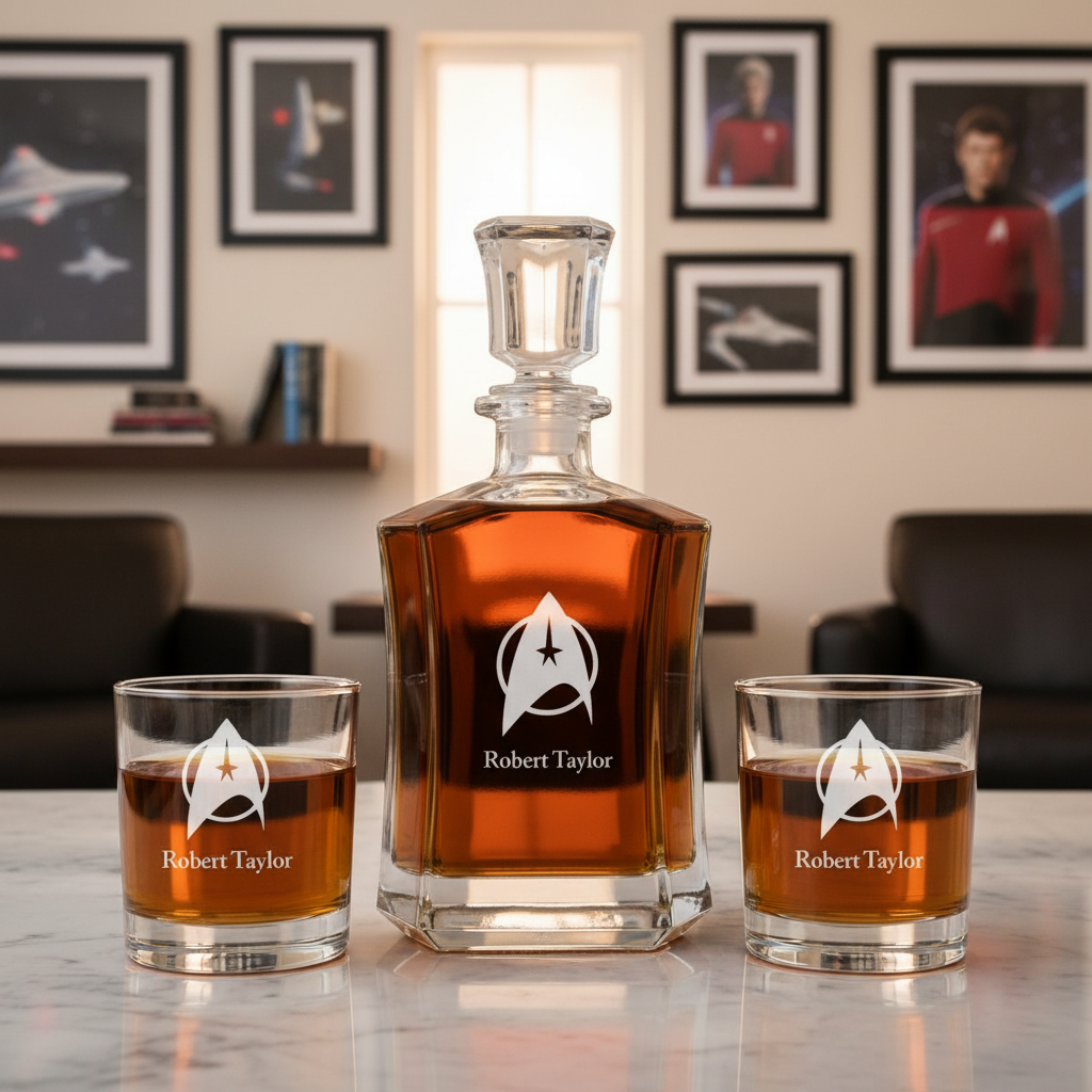 Star Trek Emblem - Custom Decanter Set - Personalized Crown Decanter Set with Whiskey Glasses