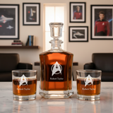 Star Trek Emblem - Custom Decanter Set - Personalized Crown Decanter Set with Whiskey Glasses