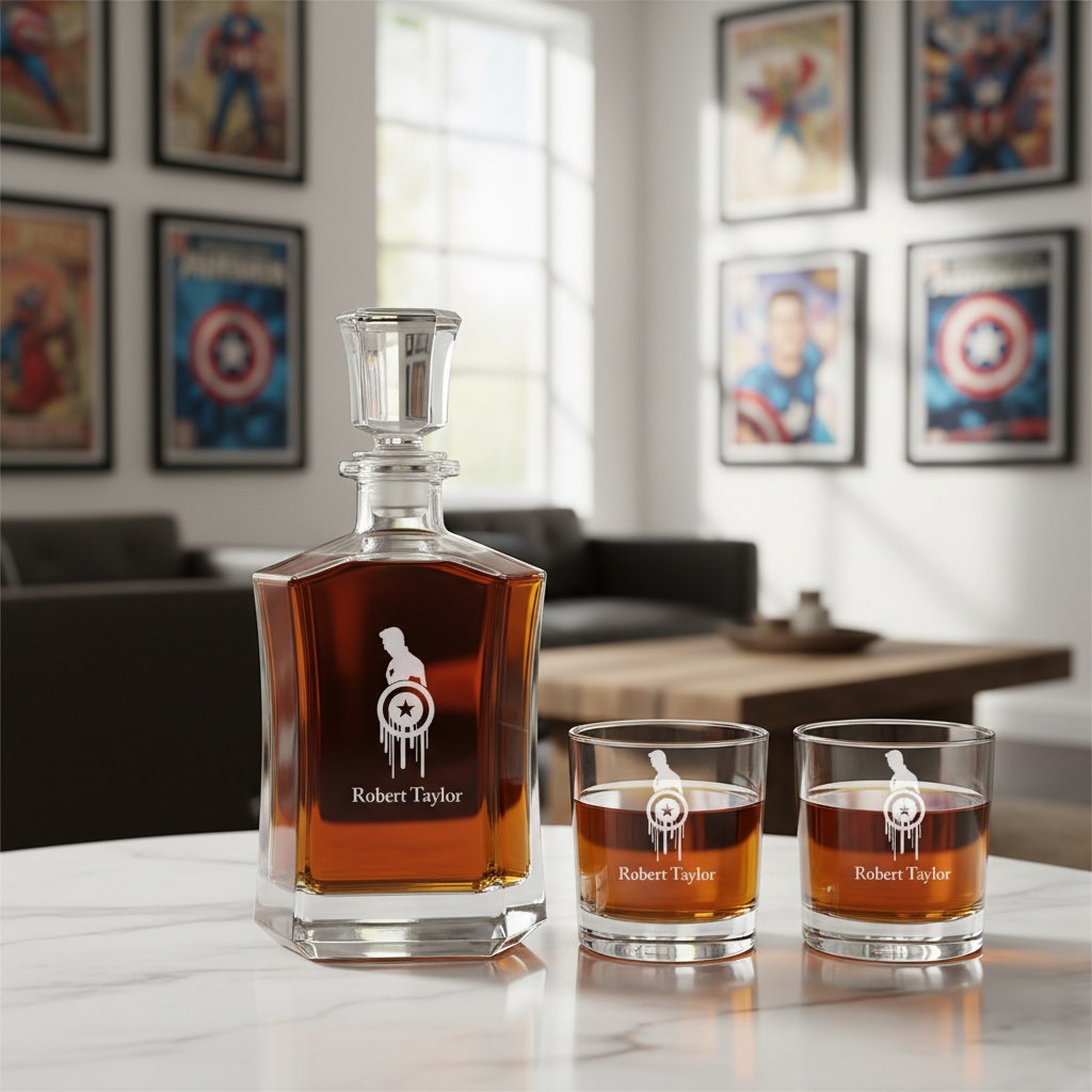 Captain America - Custom Decanter Set - Personalized Crown Decanter Set with Whiskey Glasses