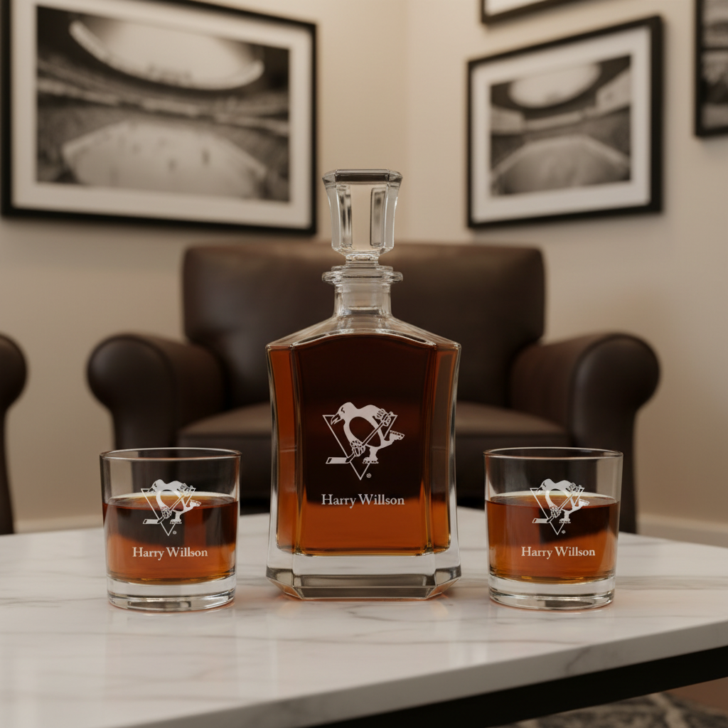 Personalized Hockey Pittsburgh Penguins - Custom Crown Decanter Set - Hockey Fanatic Gift Ideas
