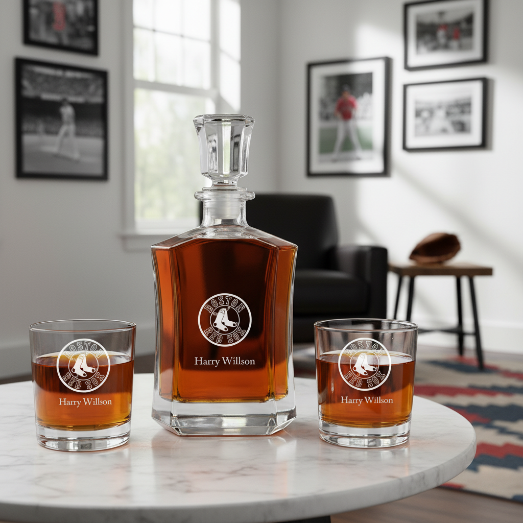 Engraved Boston Red Sox - Personalized Crown Decanter Set with Whiskey Glasses