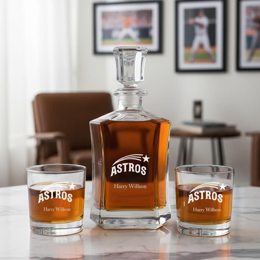 Engraved Houston Astros - Personalized Crown Decanter Set with Whiskey Glasses