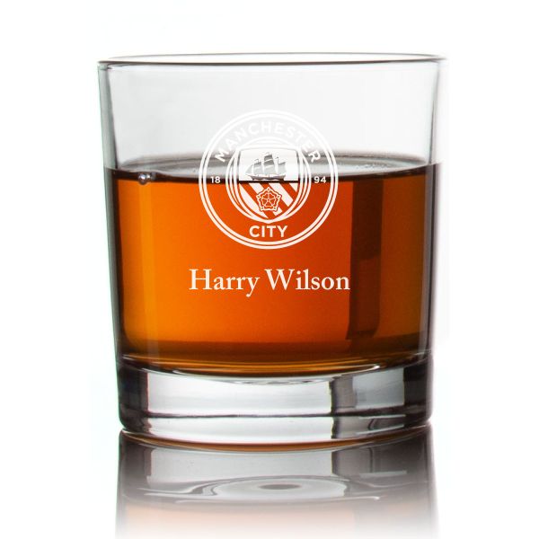 Engraved Manchester City Football Club Rocks Glass - Personalized Whiskey Glasses - Man Cave Gift Ideas - Gifts For Him - Soccer Fanatics - 2pcs