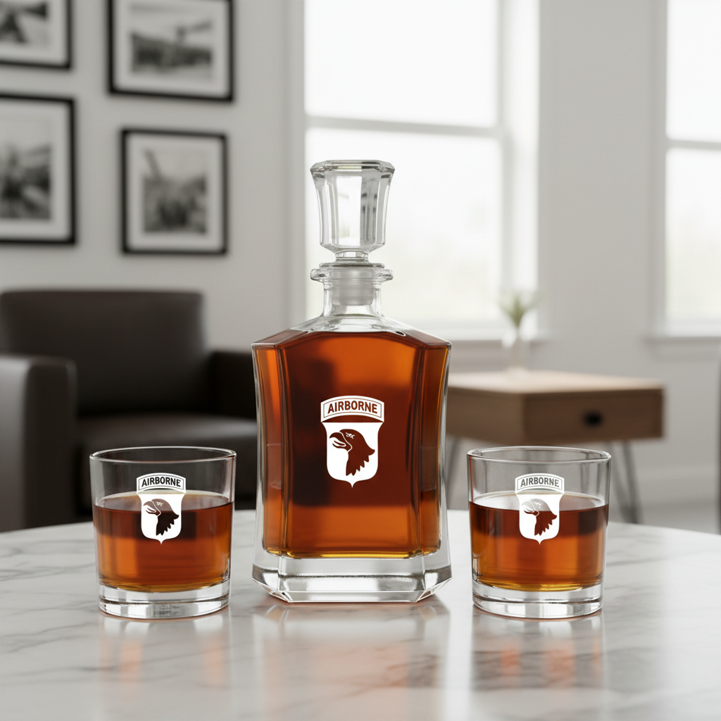 Engraved Airborne - Personalized Crown Decanter Set with Old Fashioned Whiskey Glasses