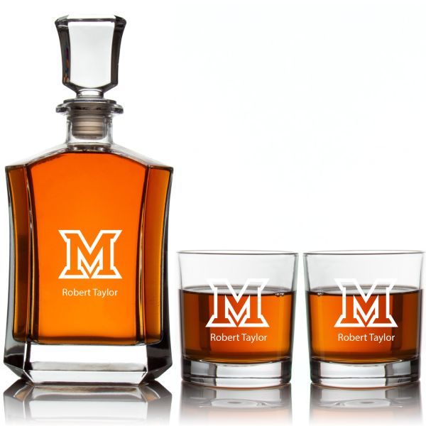 Engraved Miami Redhawks - Personalized Crown Classic Decanter Set Whiskey Glasses