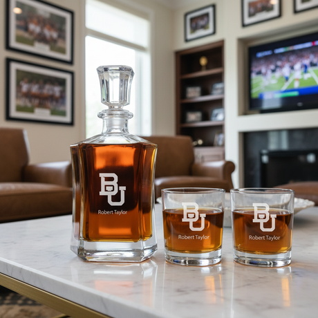 Engraved Baylor University Initials - Personalized Crown Classic Decanter Set Whiskey Glasses