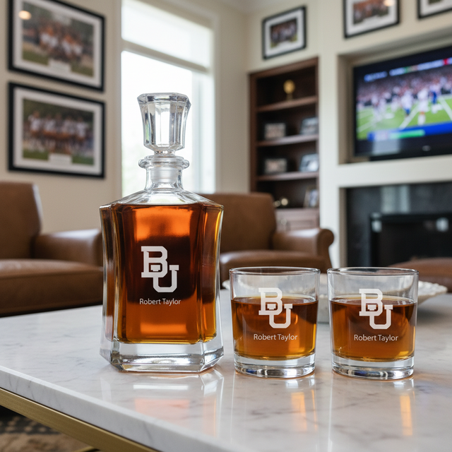 Engraved Baylor University Initials - Personalized Crown Classic Decanter Set Whiskey Glasses