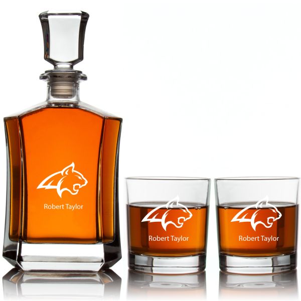 Engraved Montana Bobcats - Personalized Crown Classic Decanter Set Whiskey Glasses