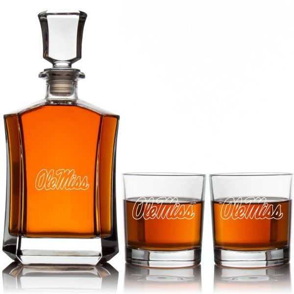 Engraved Ole Miss - Personalized Crown Classic Decanter Set Whiskey Glasses