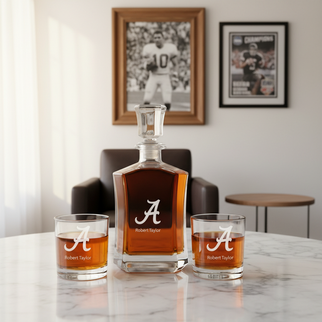 Engraved Alabama Crimson Tide - Personalized Crown Classic Decanter Set Whiskey Glasses