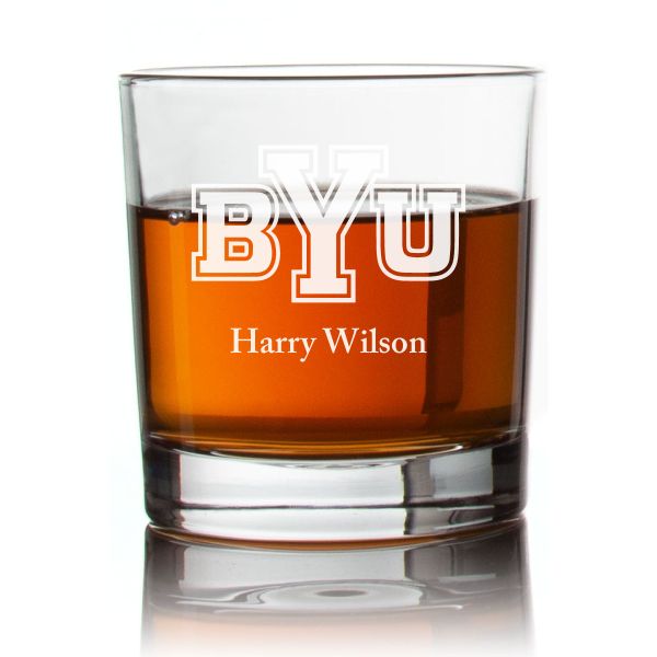 Engraved BYU Brigham Young Cougars Rocks Glass - Personalized Whiskey Glasses - Man Cave Gift Ideas - Gifts For Him - 2pcs